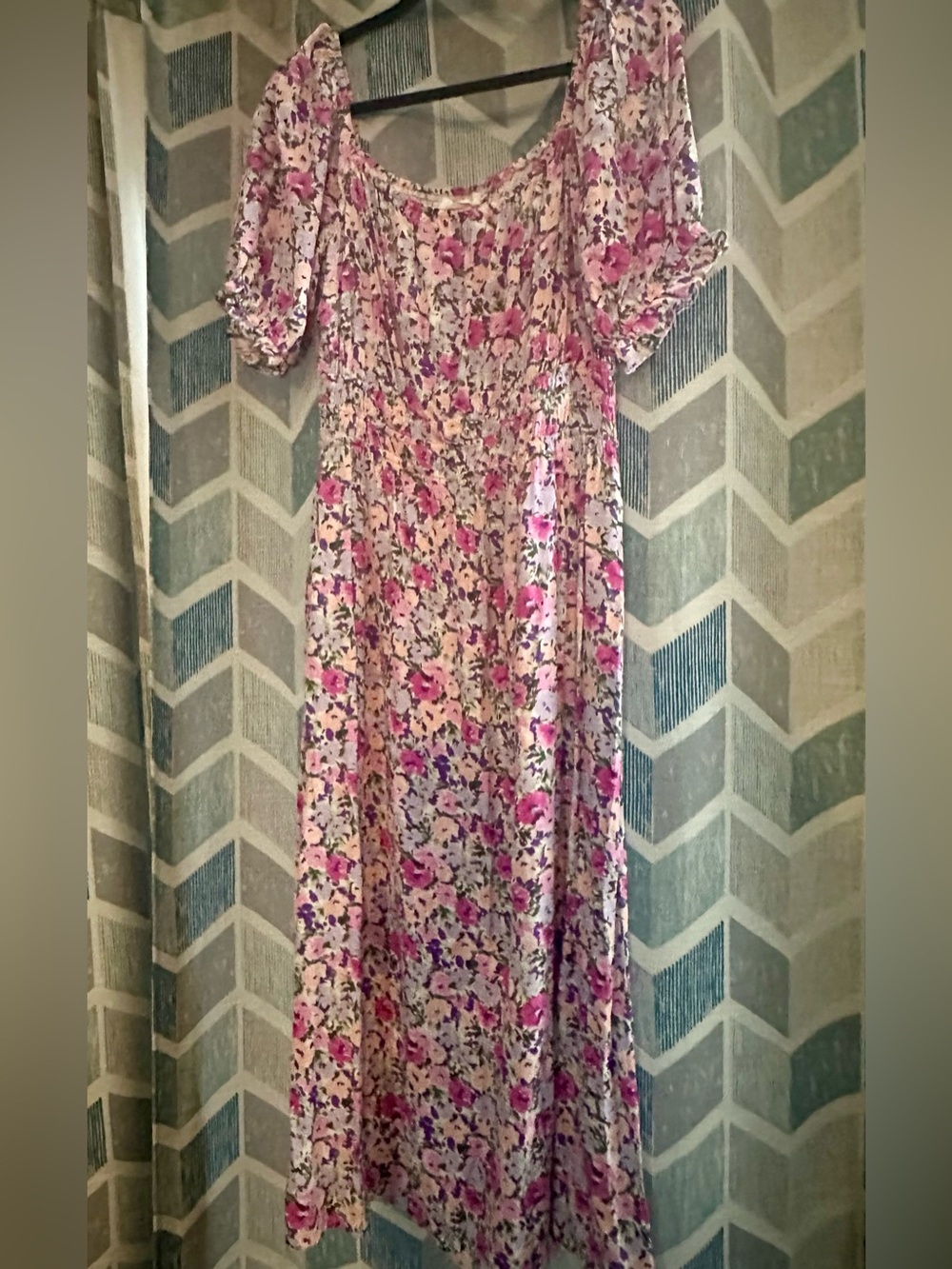 Lush On/Off Shoulder Purple Pink Multicolor Floral Puff Sleeve Midi Dress, L